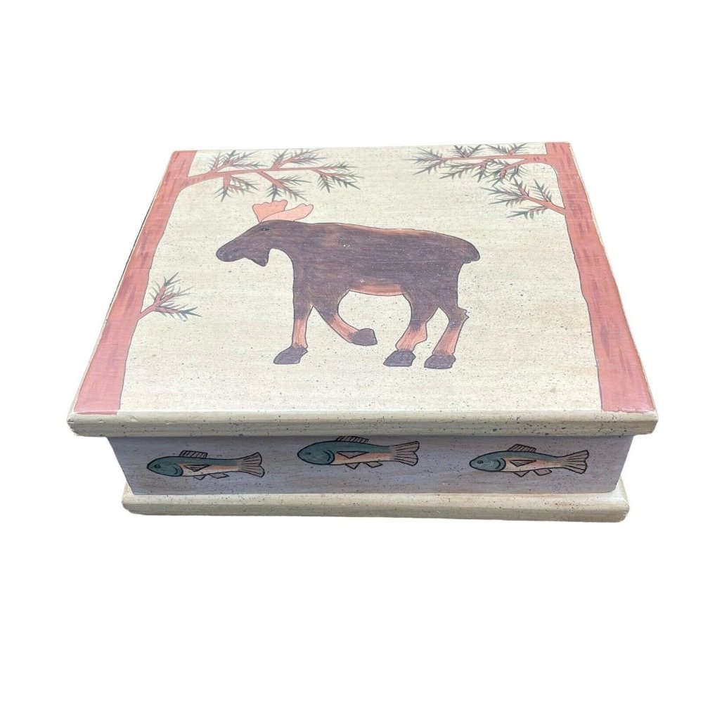 Vintage Wooden Trinket Box  Moose Fish Hand Painted 9 X 8 Green